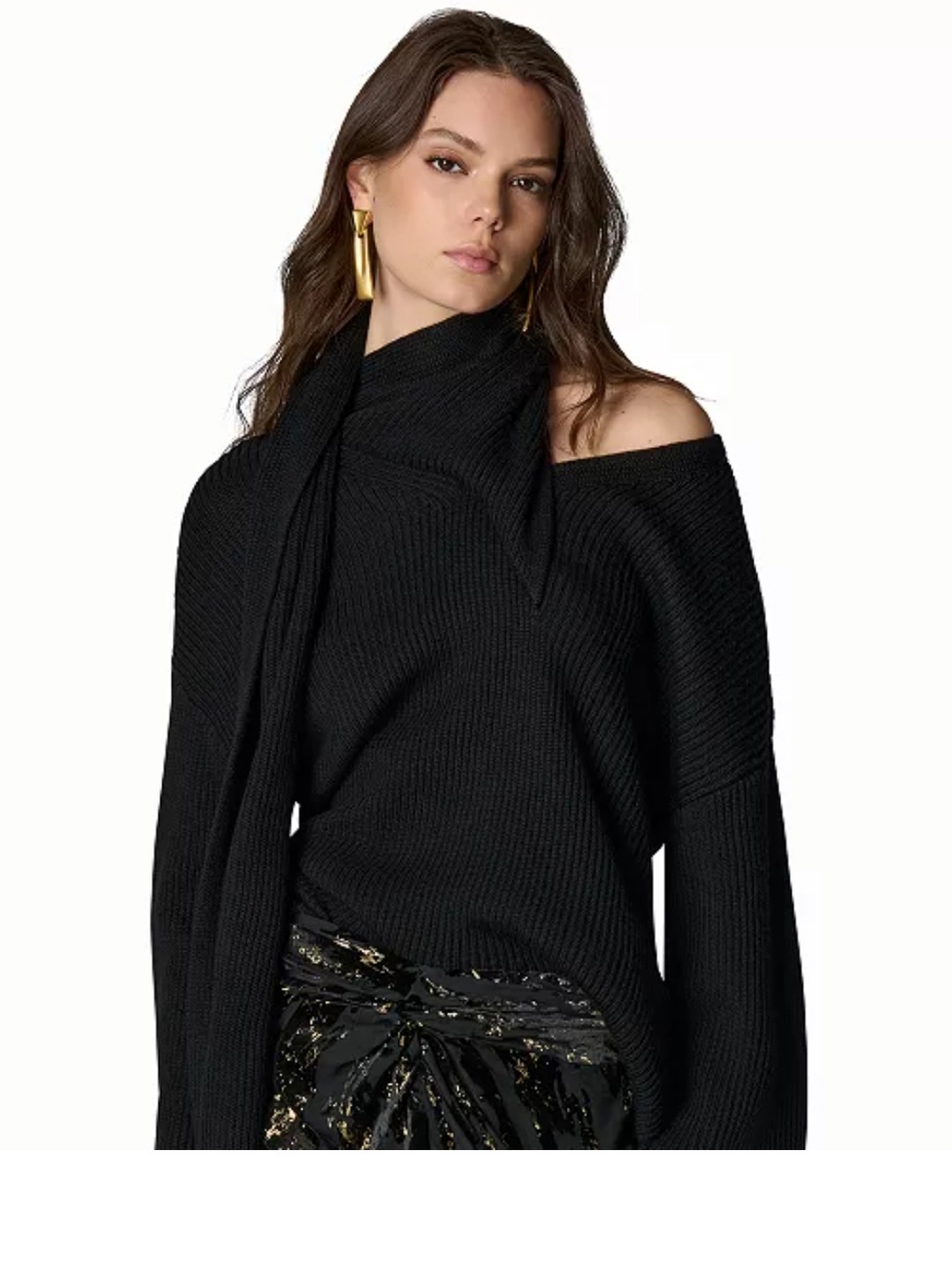 Donna Karan Black Off-the-Shoulder Ribbed Sweater with Scarf Detail